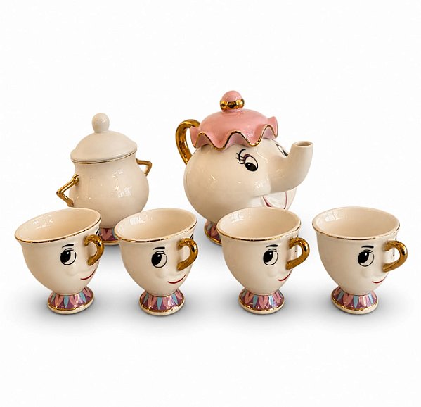 Jogo de Chá Bela e a Fera em Porcelana com Detalhes Dourados 6 Peças