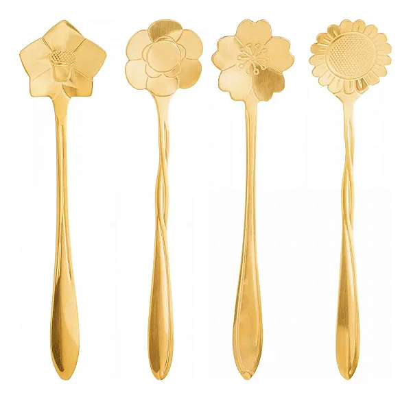 Conjunto 4 Colheres de Chá Flores Dourado Wolff em Aço Inox
