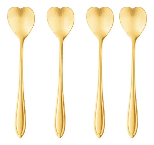 Conjunto 4 Colheres de Chá Heart Dourado Wolff em Aço Inox com Detalhes Sofisticados