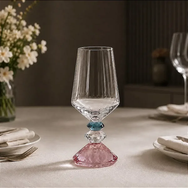 Conjunto com 6 Taças Vidro P/vinho 3 Diamantes Cristal Base Rosa 595ml