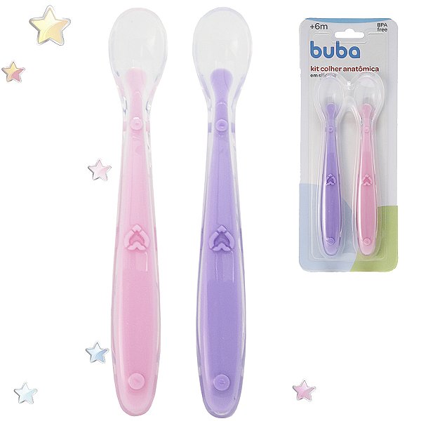 KIT 2 COLHER SILICONE BABY BUBA - 2 PECAS - ROSA/LILAS