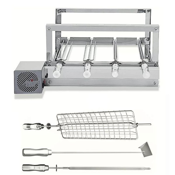 Kit Churrasqueira Inox Giratória 4 Espetos + 3 Brindes Motor Bivolts Weg