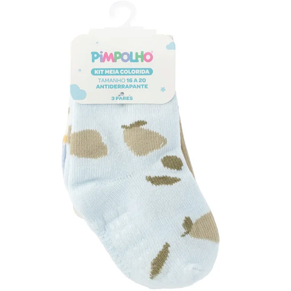 Kit Meia Colorida c/ 3 pares 16-20 Antiderrapante Pimpolho Azul Peras / Bege Xadrez / Bege Pera