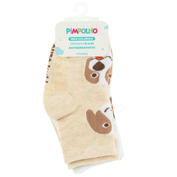 Kit Meia Colorida c/ 3 pares 21-25 Antiderrapante Pimpolho Bege Cachorro / Branca Geométrica / Bege Cachorro