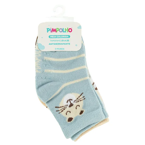Kit Meia Colorida c/ 3 pares 21-25 Antiderrapante Pimpolho Azul Tigre / Bege Listras / Azul Tigre