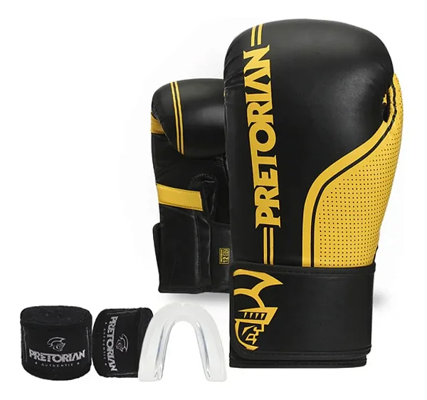 Kit Luva De Boxe Muay Thai Fx1 Bandagem + Bucal Amarelo/Preto Pretorian
