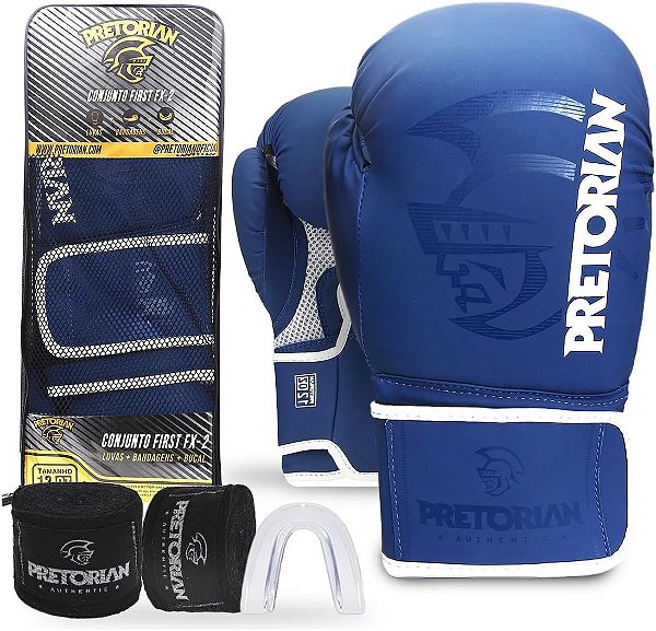 Kit Luva De Boxe Muay Thai Fx2 Bandagem + Bucal Azul/Branco Pretorian