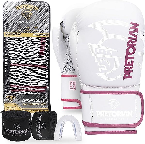 Kit Luva De Boxe Muay Thai Fx2 Bandagem + Bucal Rosa/Branco Pretorian