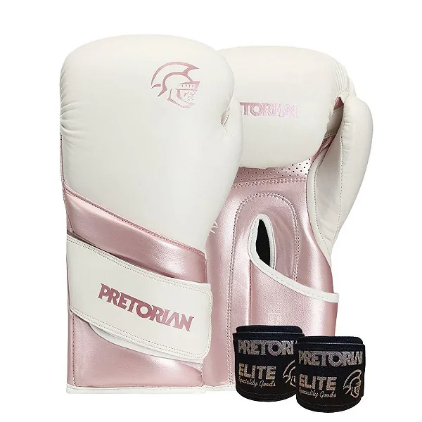 Kit Luva De Boxe Muay Thai Elite Feminino + Bandagem Rosa/Branco Pretorian