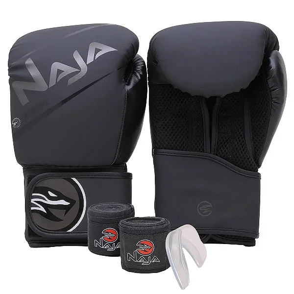 Kit Luva De Boxe Muay Thai + Bandagem + Protetor Bucel  Naja Extreme Preto/Preto