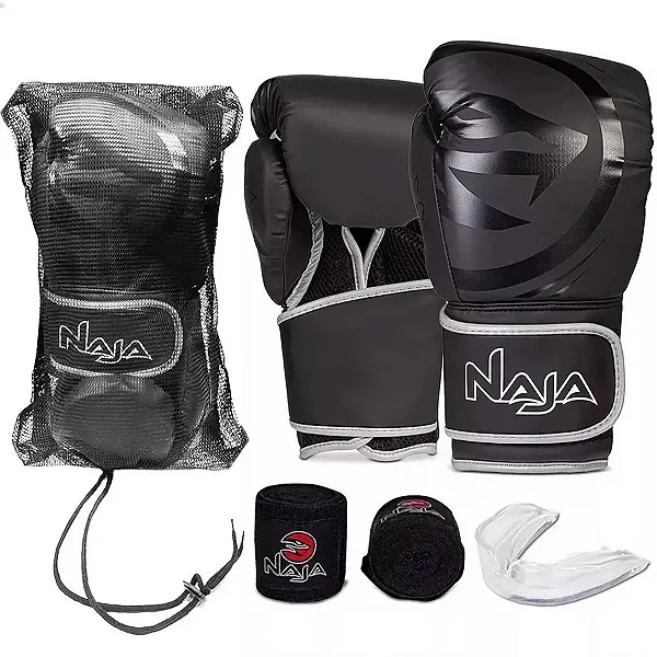 Kit Luva De Boxe Muay Thai + Bandagem + Protetor Bucal Naja Preto/Prata