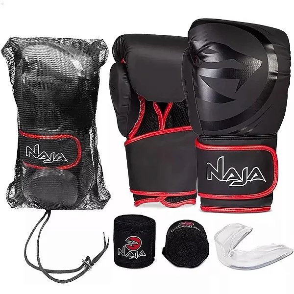 Kit Luva De Boxe Muay Thai + Bandagem + Protetor Bucal Naja Vermelha