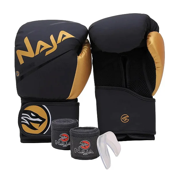 Kit Luva De Boxe Muay Thai + Bandagem + Protetor Bucal Naja Extreme Dourada