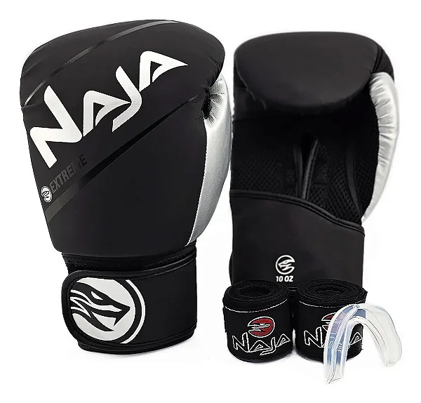 Kit Luva De Boxe Muay Thai + Bandagem + Protetor Bucal Naja Extreme Prata