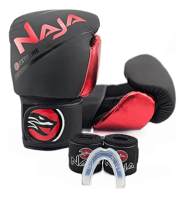 Kit Luva De Boxe Muay Thai + Bandagem + Protetor Bucal Naja Extreme Vermelha