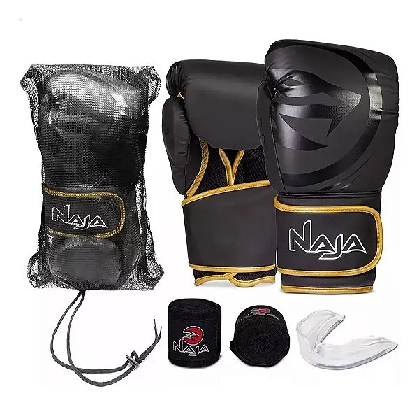 Kit Luva De Boxe Muay Thai + Bandagem + Protetor Bucal Black Line Naja Dourada
