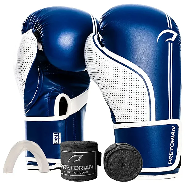 Kit Luva De Boxe Muay Thai Fx1 Bandagem + Bucal Azul/Branco Pretorian