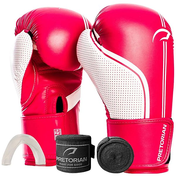 Kit Luva De Boxe Muay Thai Fx1 Bandagem + Bucal Rosa/Branco Pretorian