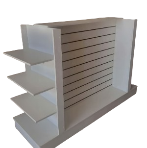 Gôndola Expositora Canaletada Central Dupla Face com Prateleiras Laterais Removíveis MDF 15mm – 1,35x1,85x0,60m