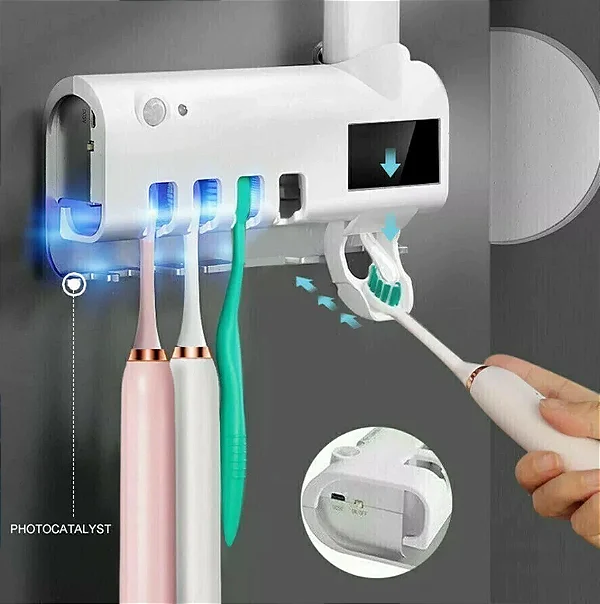 Porta Escova de Dente com Esterilizador UV e Suporte para Pasta