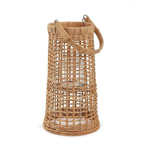 LANTERNA EM FIBRA NATURAL COM COPO EM VIDRO 38.5CM