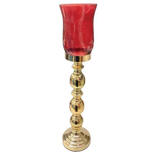 CANDELABRO NATALINO METAL DOURADO C/ VIDRO VERMELHO