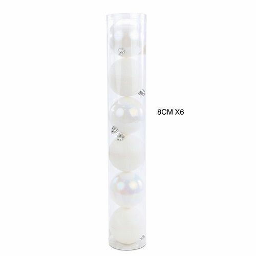 BOLA TUBO LISA/GLITTER/NAC BCO 8CM  C/6 PC