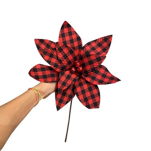 HASTE FLORAL POINSETTIA XADREZ PT/VM 27CM