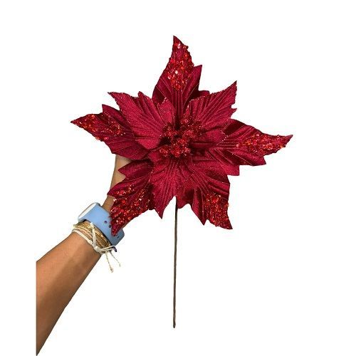 HASTE FLOR DE NATAL VERMELHO 45CM VELUDO