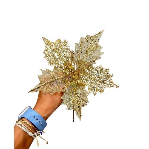HASTE FLOR DE NATAL RENDA  DOURADA 25CM