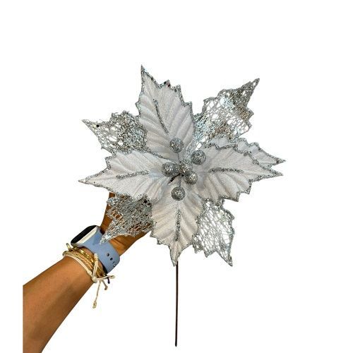 HASTE FLOR NATAL PRATA RENDA 40CM