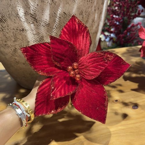 POINSETIA VELUDO VERMELHO COM GLITTER X8 30X20CM