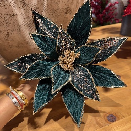 POINSETIA VELUDO VERDE C/ GLITTER X1 45CM