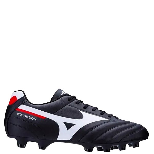 Chuteira Mizuno Morelia Club MD Campo Masculino Preto Branco Vermelho