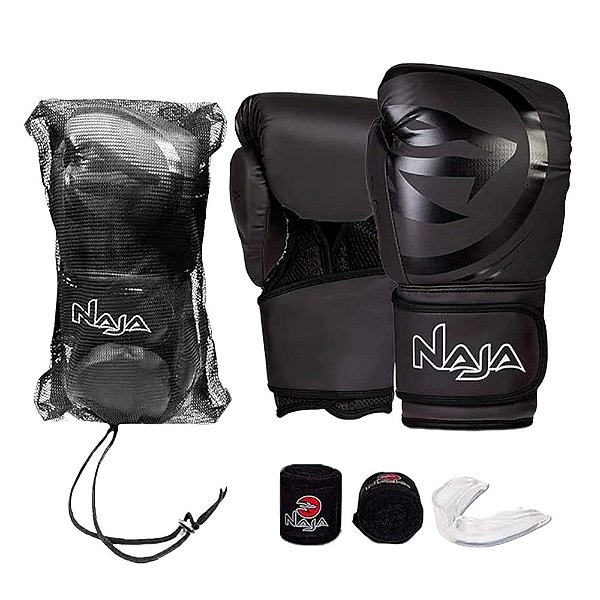 Kit Boxe/Muay Thai Naja Luva Boxe, Bandagem, Protetor Bucal, Bolsa Preto