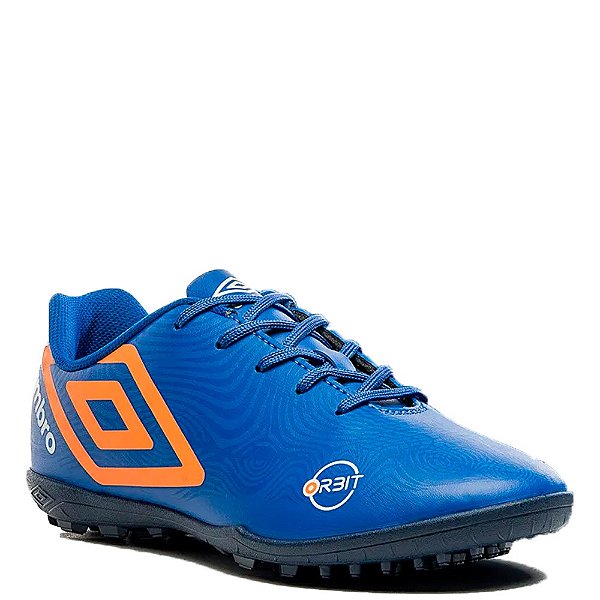 Chuteira Umbro Society Orbit Infantil Azul Laranja Branco