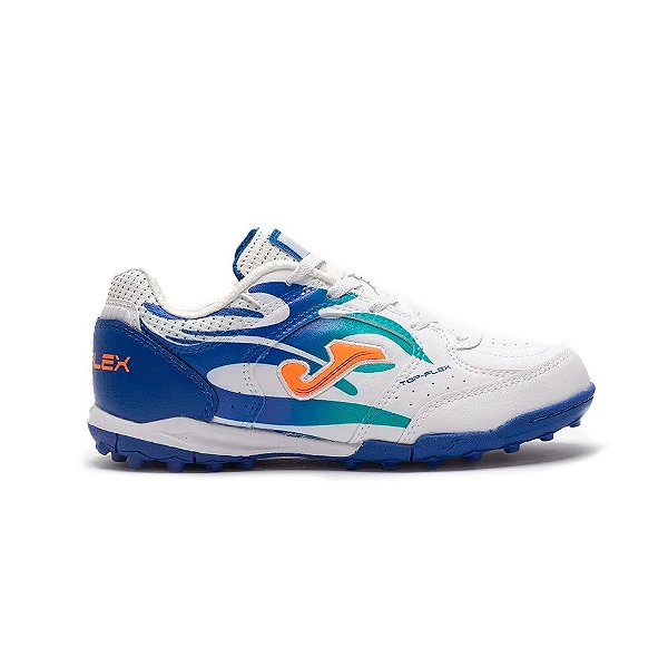 Chuteira de Society Joma Top Flex Infantil - Branco e Turquesa