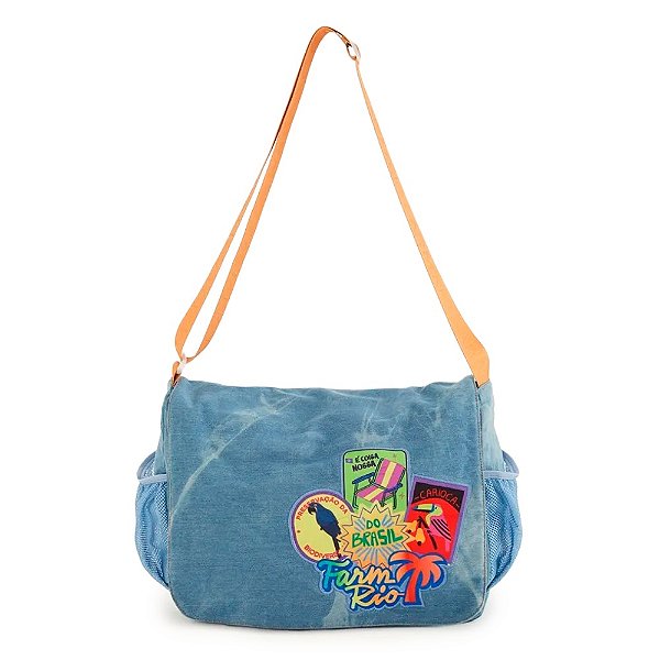 Bolsa FARM Transversal Brisa Patch Rio Azul Jeans/Marrom