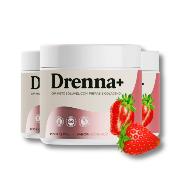 Drenna+ Chá Misto Solúvel com Fibras e Colágeno | 3 Potes Sabor Morango