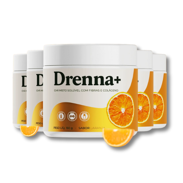 Drenna+ Chá Solúvel com Fibras e Colágeno | Kit 5 Potes Sabor Laranja