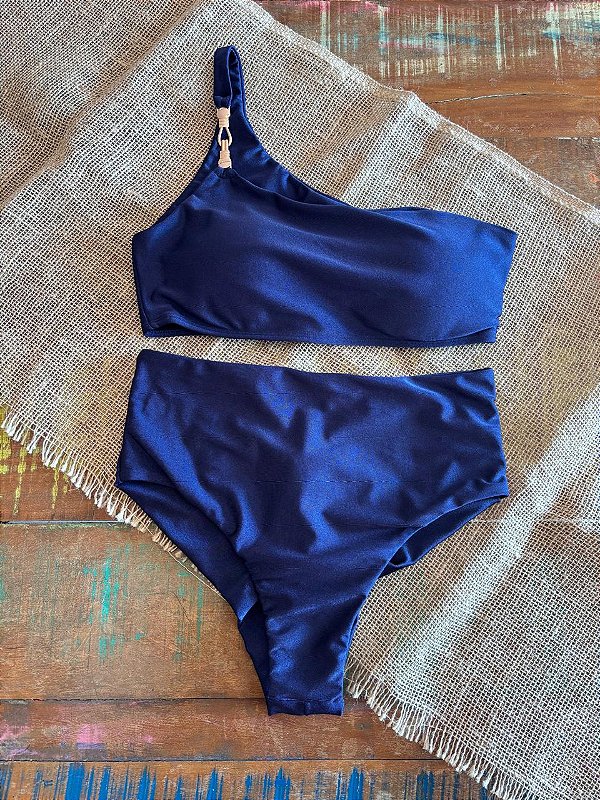 Conjunto Biquini Fato Básico Ombro Único Aviamento Azul