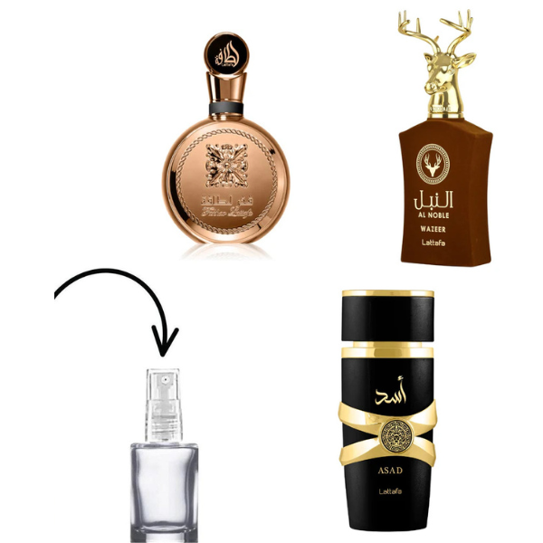 COMBO DO HOMEM SEDUTOR Decant 5ml Fakhar Gold + Al Noble Wazeer + Asad