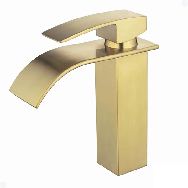 TORNEIRA BANHEIRO LAVABO COM MISTURADOR MONOCOMANDO CASCATA BICA BAIXA DOURADA ESCOVADA