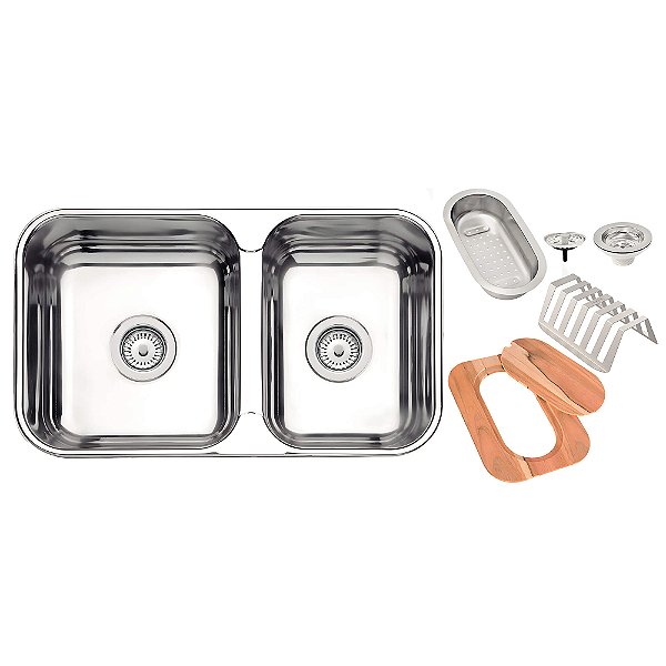 Cuba Dupla de Sobrepor/Embutir em Inox Polido com Válvula, Cesto, Tábua e Escorredor Tramontina Isis