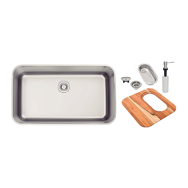 Cuba de Embutir em Inox Escovado com Válvula, Tábua, Cesto e Dosador Tramontina Dora 70x40 cm