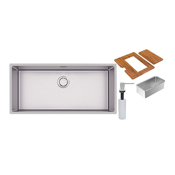 Cuba em Aço Inox Acetinado com Dosador de Sabão, Tábua e Válvula Tramontina Quadrum 90