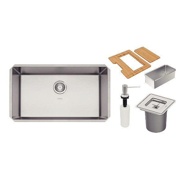 Cuba de Embutir em Inox Acetinado com Lixeira, Dosador, Tábua e Cesto Tramontina Quadrum 70x40 cm