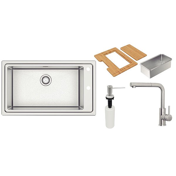 Cuba de Sobrepor com Misturador, Tabua, Escorredor e Dosador Tramontina Square 86x50cm - Aço Inox