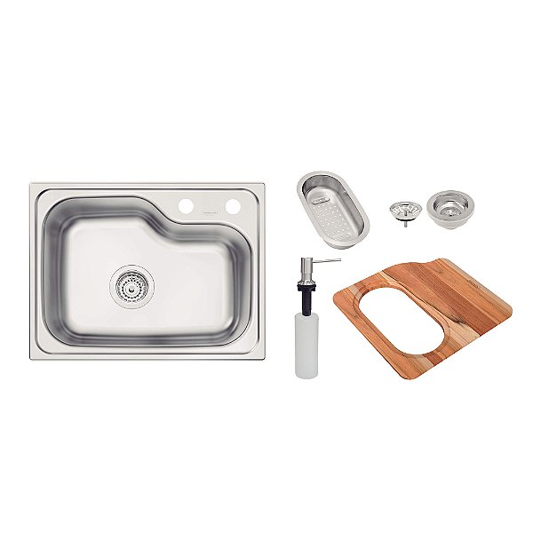 Cuba de Embutir em Inox Escovado com Válvula, Cesto, Dosador e Tábua Tramontina Morgana 55x42 cm