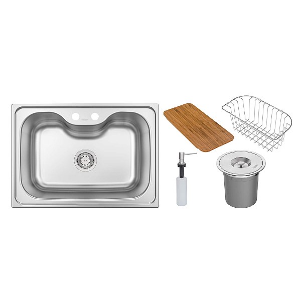 Cuba de Embutir em Inox Escovado com Lixeira, Dosador, Cesto, Tábua e Válvula Tramontina Morgana